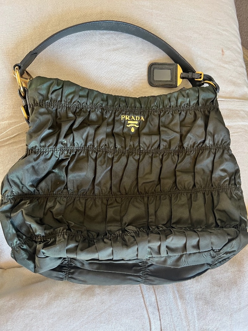 Prada Tessuto Gaufre Nylon Ruched Bag- Dark Green